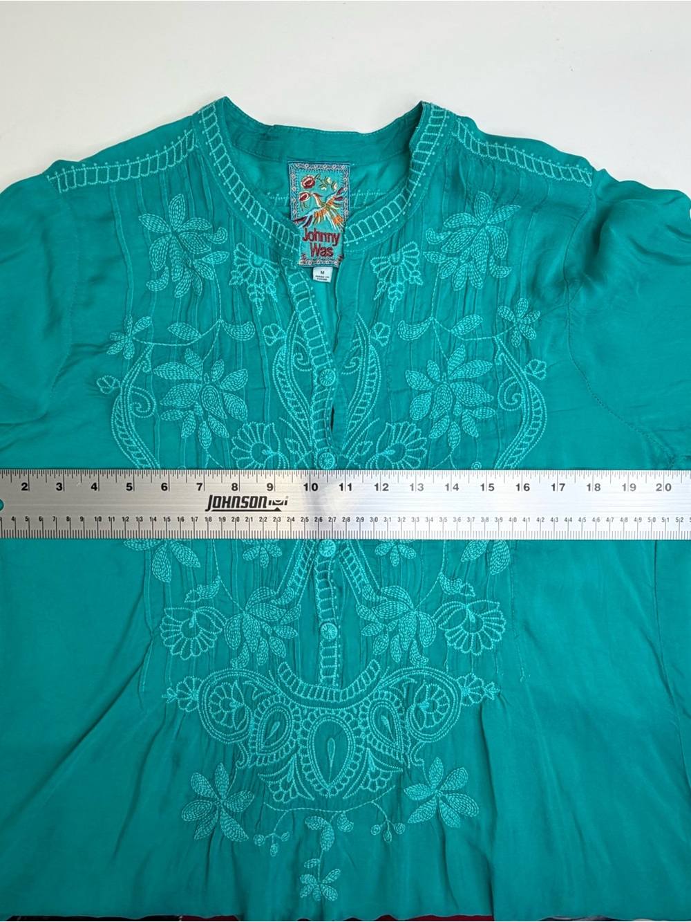 Johnny Was Embroidered Teal Women’s 3/4 sleeve Tunic Top, size M. Like new! - Picture 6 of 9